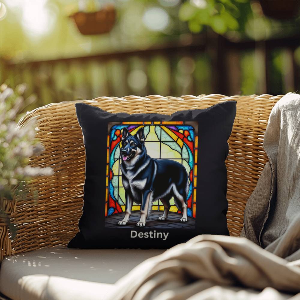 German Shepherd (Black and Silver) Indoor/Outdoor Pillow - Personalized Stained Glass Dog Tribute & Comfort Gift
