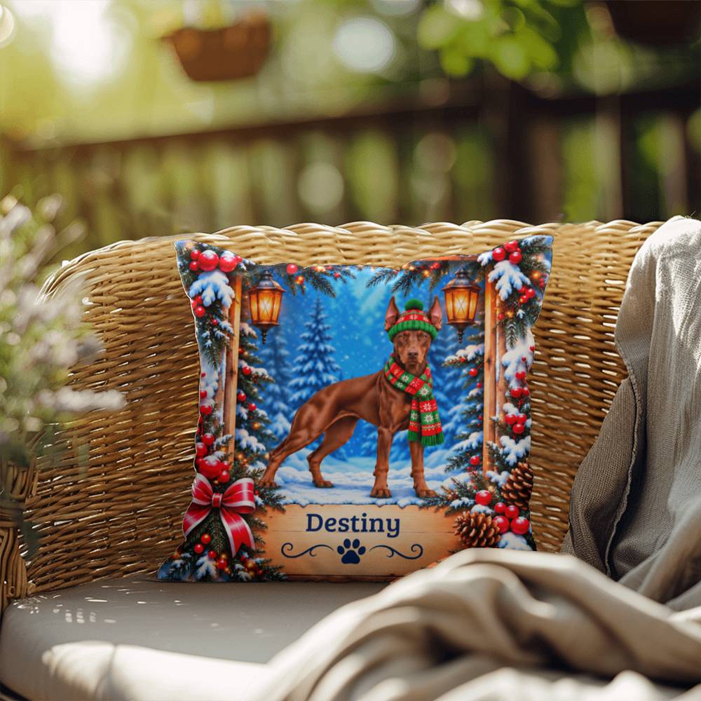 Doberman (Red Coat) - Personalized Cabin Throw Pillow with Your Dog’s Name, Winter Gift