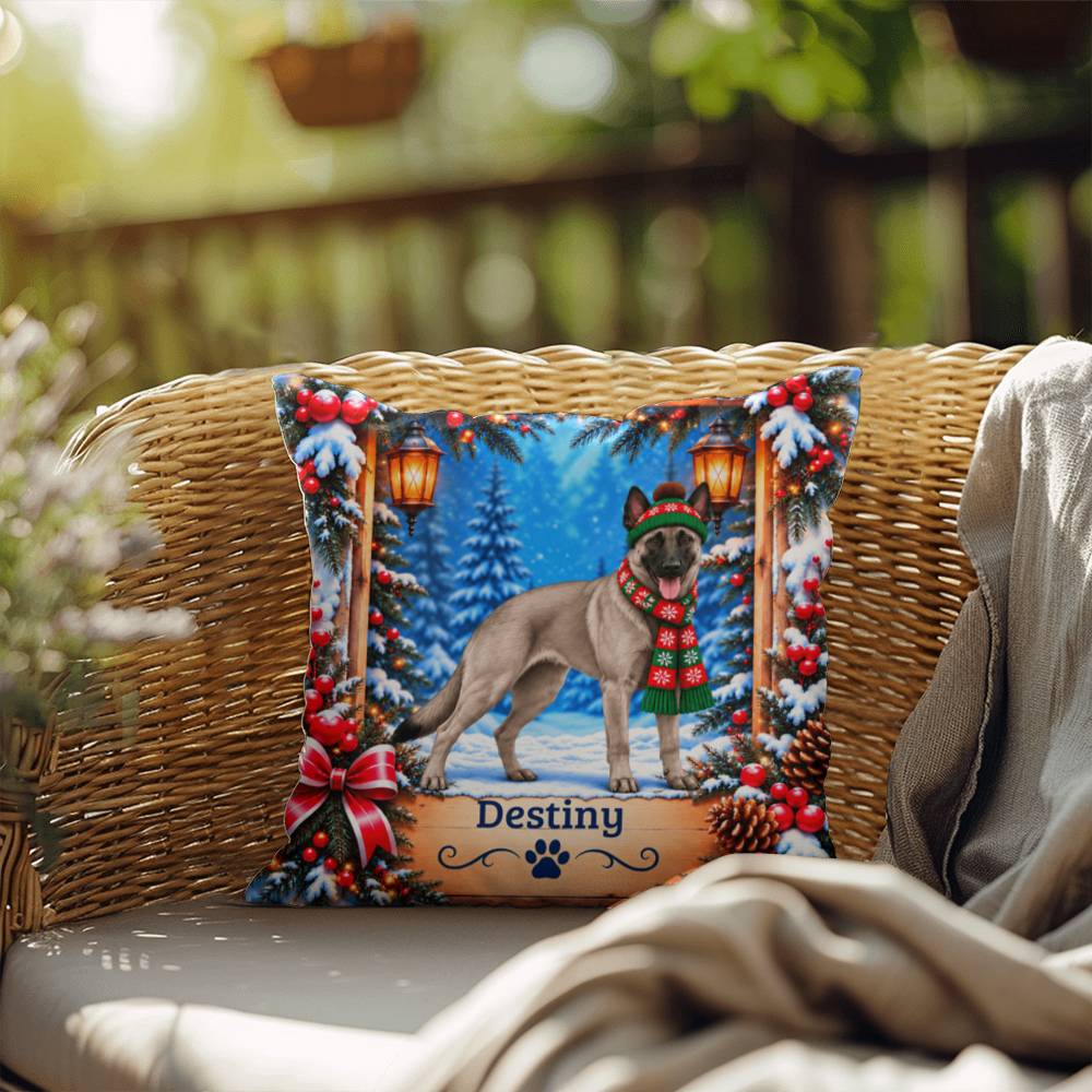 Belgian Malinois (Gray Coat) - Personalized Winter Forest Pillow, Indoor Outdoor Dog Name Gift