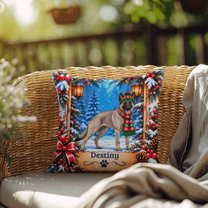 Belgian Malinois (Gray Coat) - Personalized Winter Forest Pillow, Indoor Outdoor Dog Name Gift
