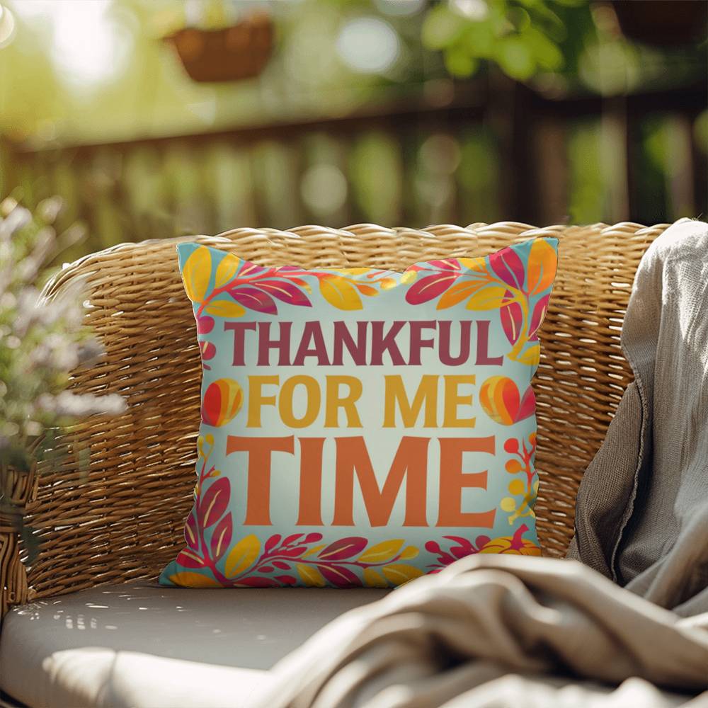 Thankful For Me Time throw pillow with fall mindfulness message and bright cozy home décor