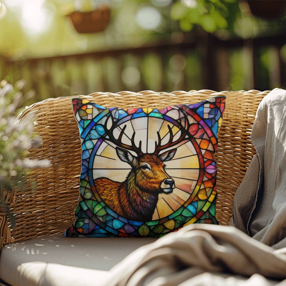 Deer stained glass throw pillow, woodland wildlife decor, indoor outdoor cozy home accent