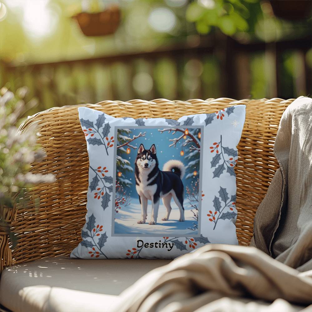 Husky Black & White Pillow - Snow dog winter throw pillow, indoor/outdoor Husky accent, holiday decor