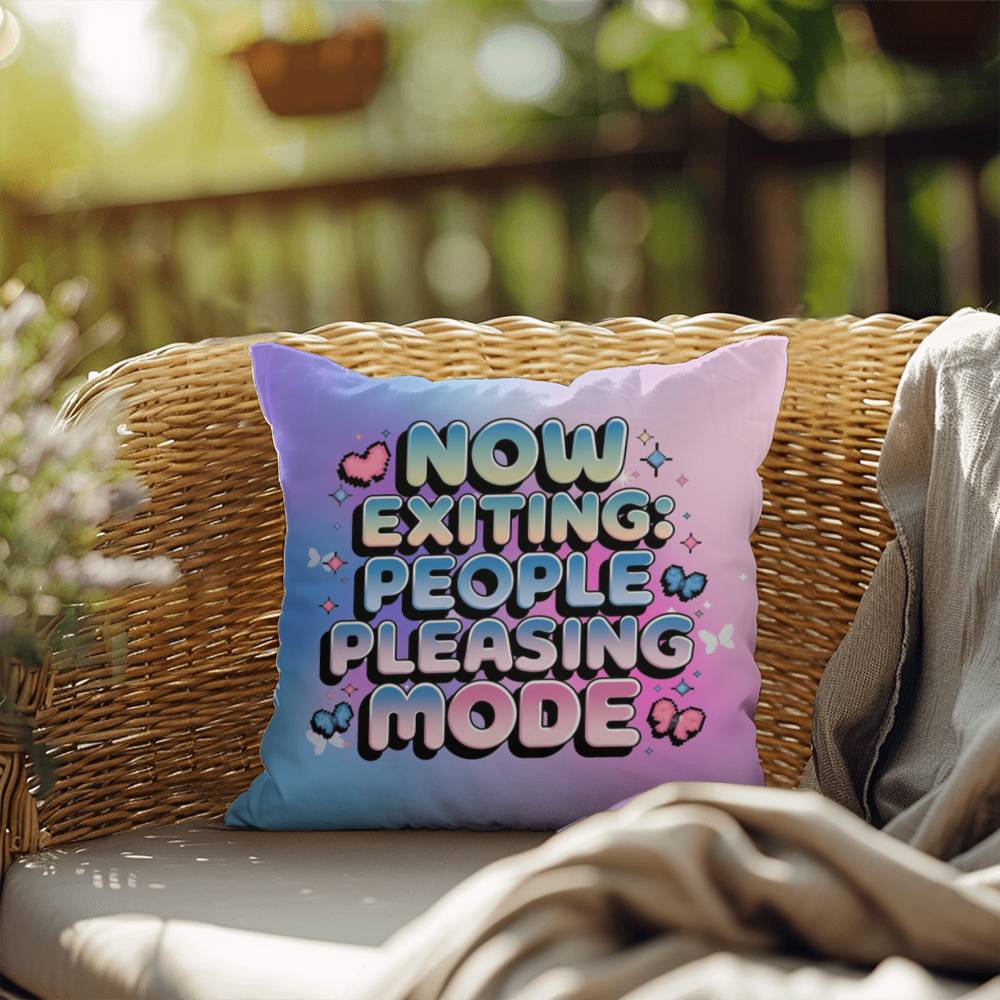 Custom Y2K pillow featuring "Now Exiting: People Pleasing Mode" in retro digital font with sparkles and butterflies on a bright white backdrop