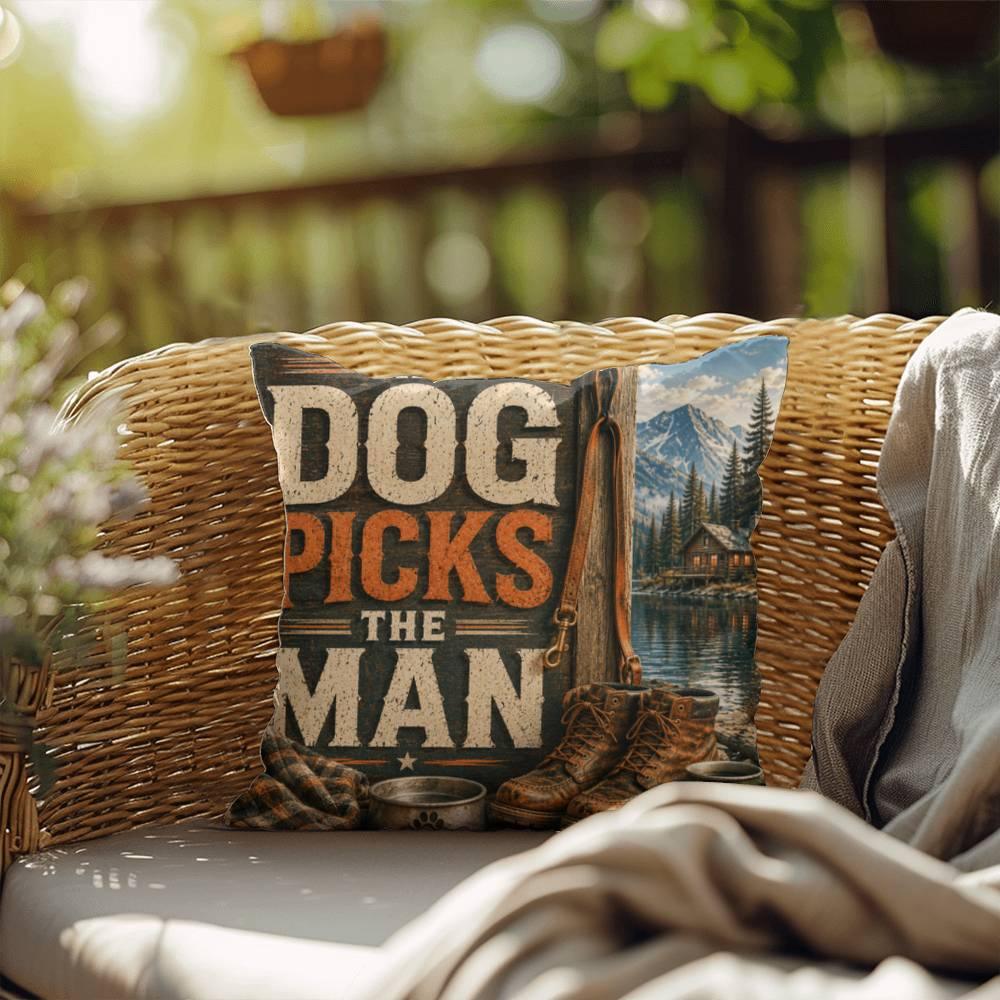 Shop our the dog picks the man throw pillow featuring the 20" x 20" style option from MySisterIsASurvivor.