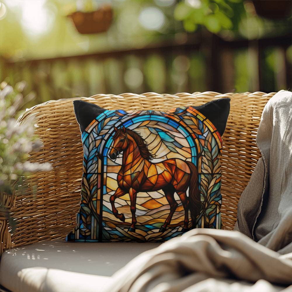 Horse stained glass throw pillow, equestrian animal decor, indoor outdoor cozy home accent