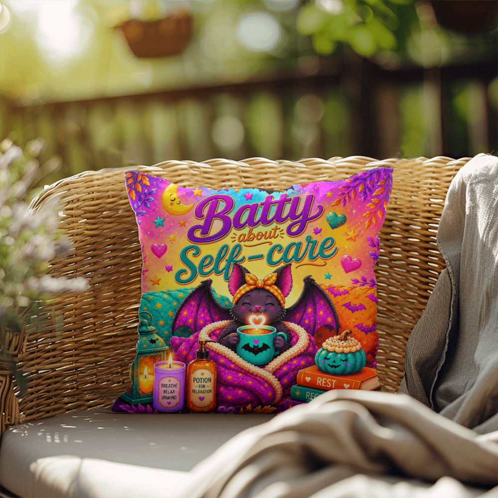 Batty About Self-Care quote with smiling bat illustration on a Halloween pillow focused on daily wellness