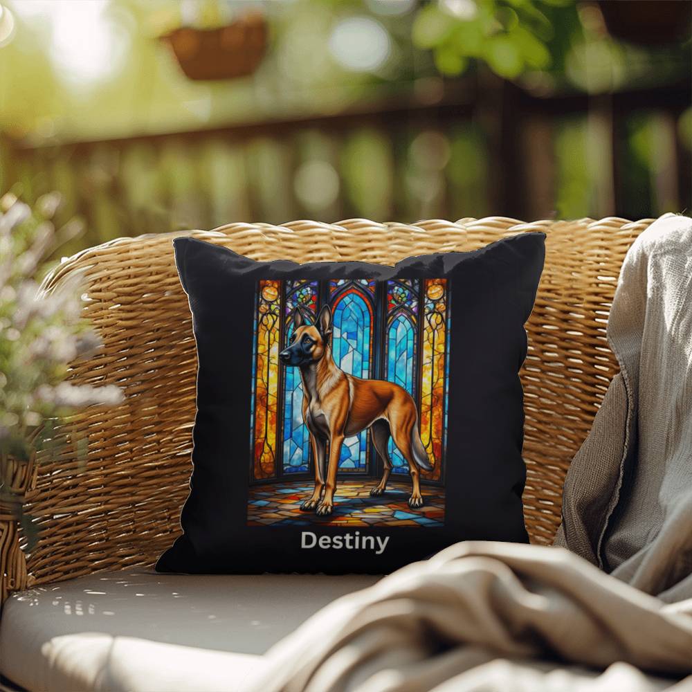 Belgian Malinois (Mahogany) Indoor/Outdoor Pillow - Personalized Stained Glass Dog Tribute & Comfort Gift