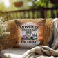 Halloween indoor/outdoor throw pillow with “Monsters Under My Bed” for seasonal fun