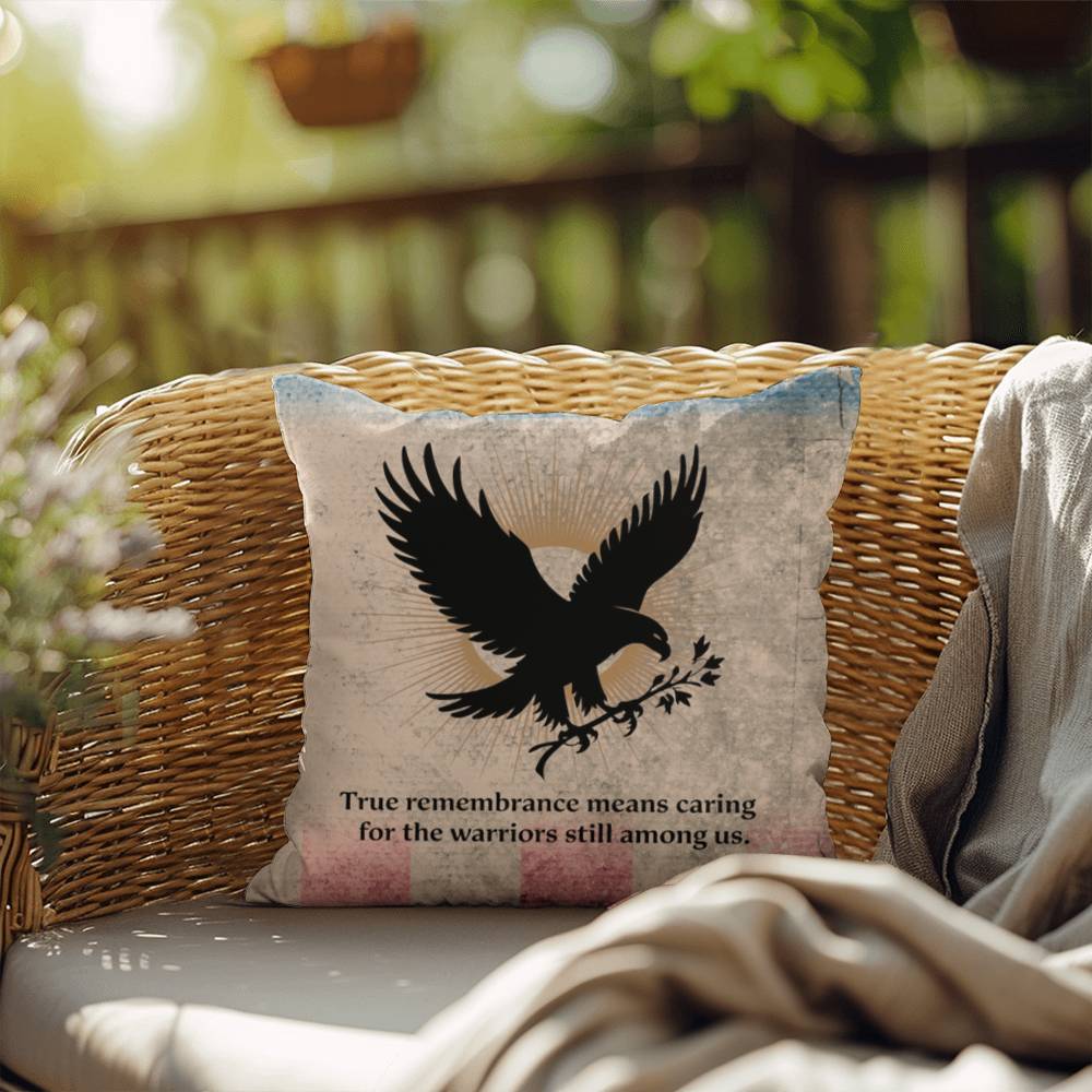 True Remembrance Means Caring Indoor/Outdoor Pillow: Resilient Comfort - Mental Health & Memorial Tribute