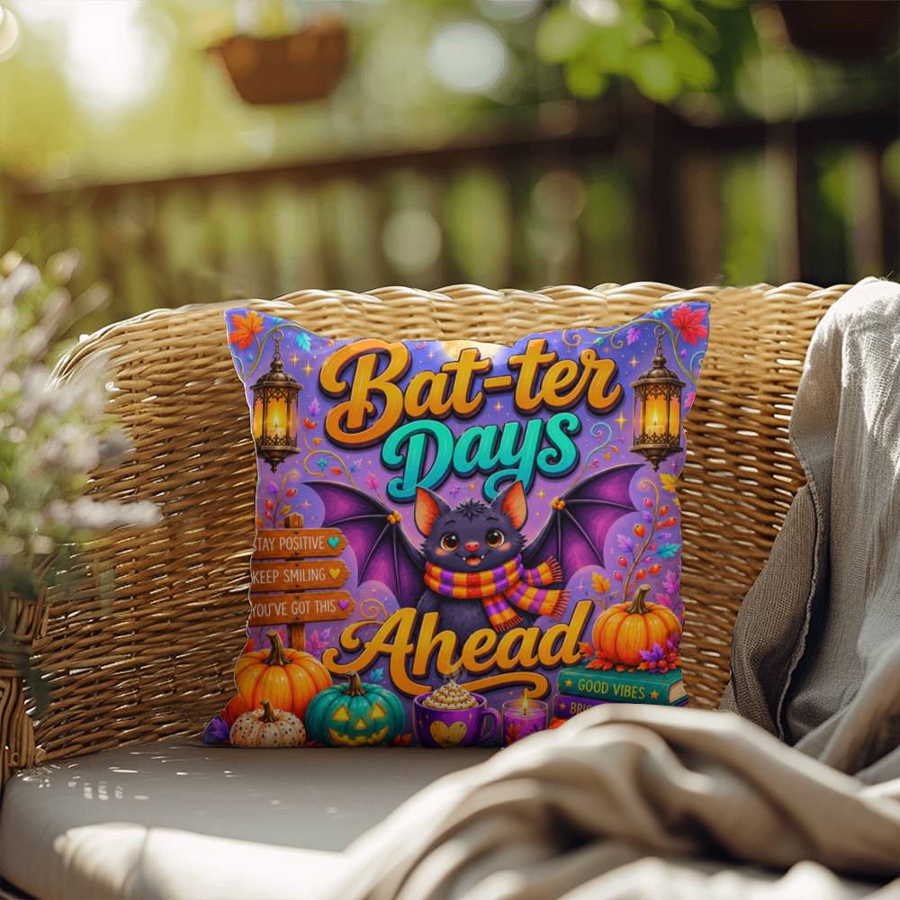 Bat-ter Days Ahead quote with cheerful bat artwork on a colorful Halloween throw pillow with uplifting fall vibes