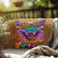 Bat-ter Days Ahead quote with cheerful bat artwork on a colorful Halloween throw pillow with uplifting fall vibes