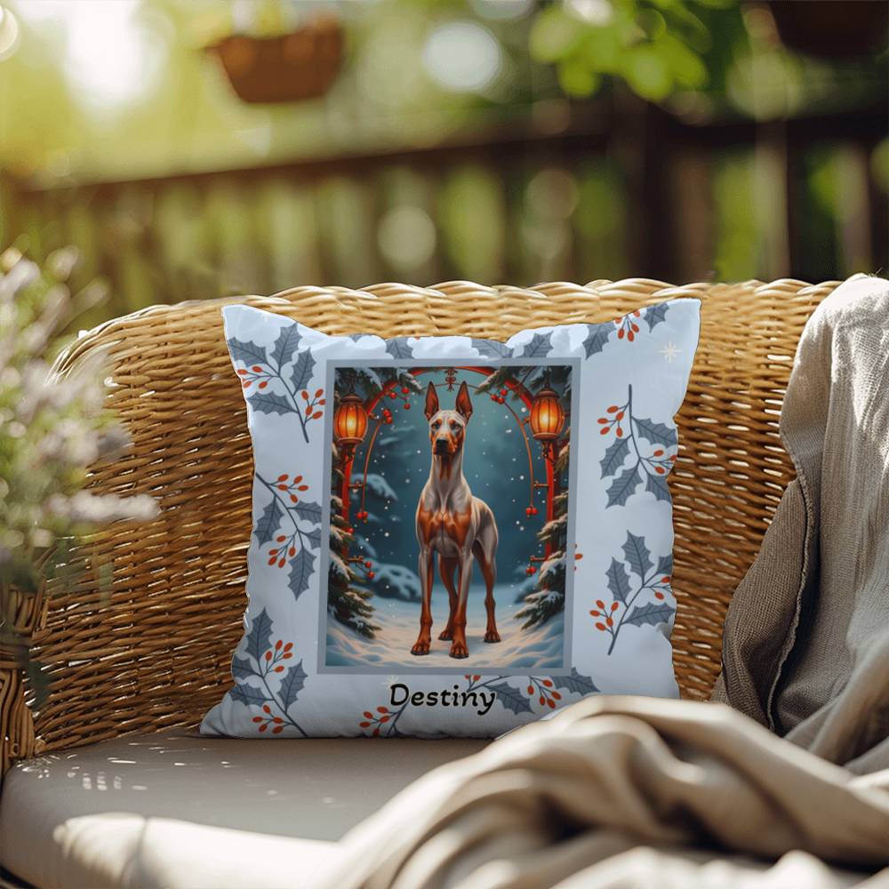 Doberman Fawn & Rust Pillow - Seasonal Doberman dog pillow, winter home accent, personalized holiday throw