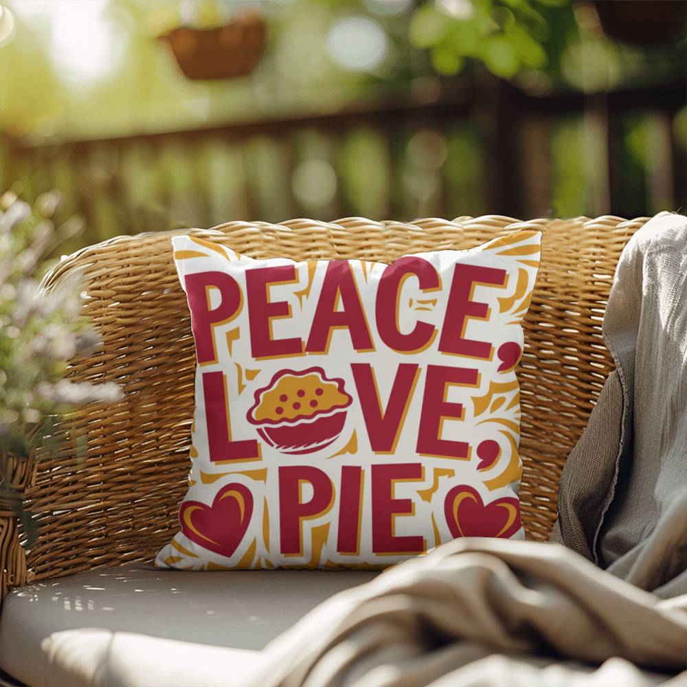 Peace, Love, Pie throw pillow with colorful fall design and mindfulness quote for seasonal comfort