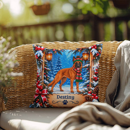 Belgian Malinois (Red Coat) - Personalized Winter Lodge Pillow, Indoor Outdoor Dog Name Gift