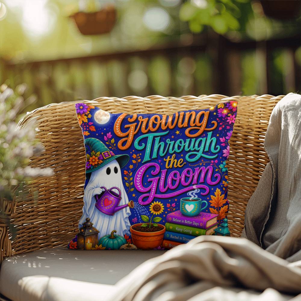 Growing Through The Gloom Halloween Throw Pillow - Trauma Recovery Survivor Gift