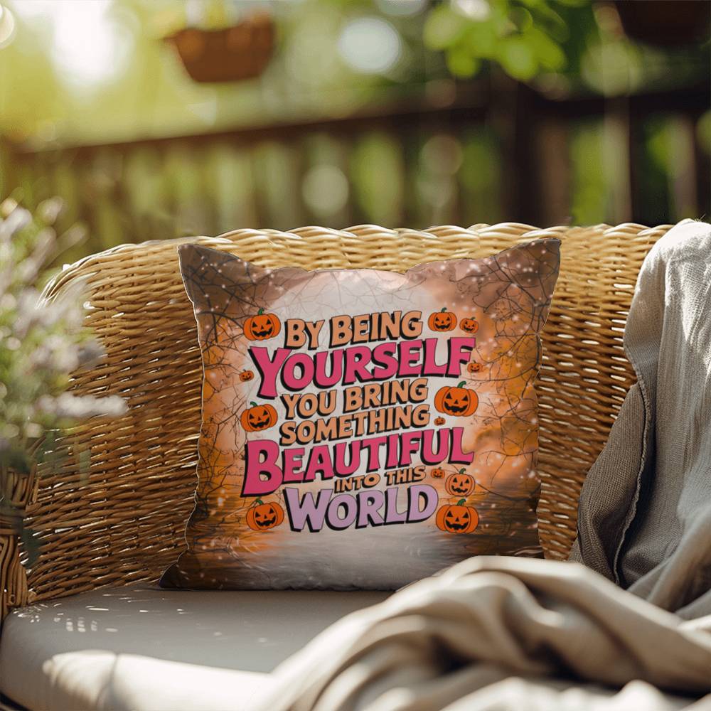 Inspirational indoor/outdoor throw pillow with “By Being Yourself” for mental health awareness