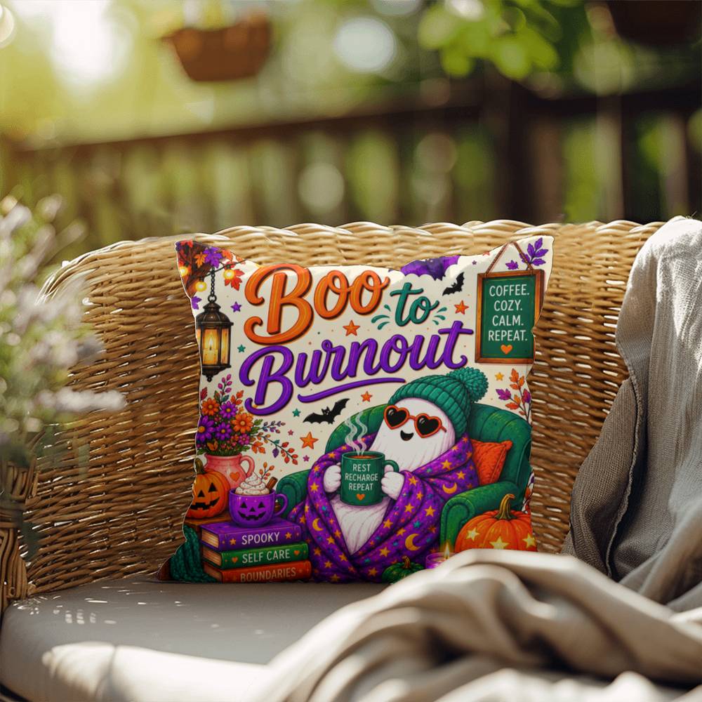 Boo To Burnout Halloween Throw Pillow - Coffee Cozy Calm Repeat Ghost Pillow