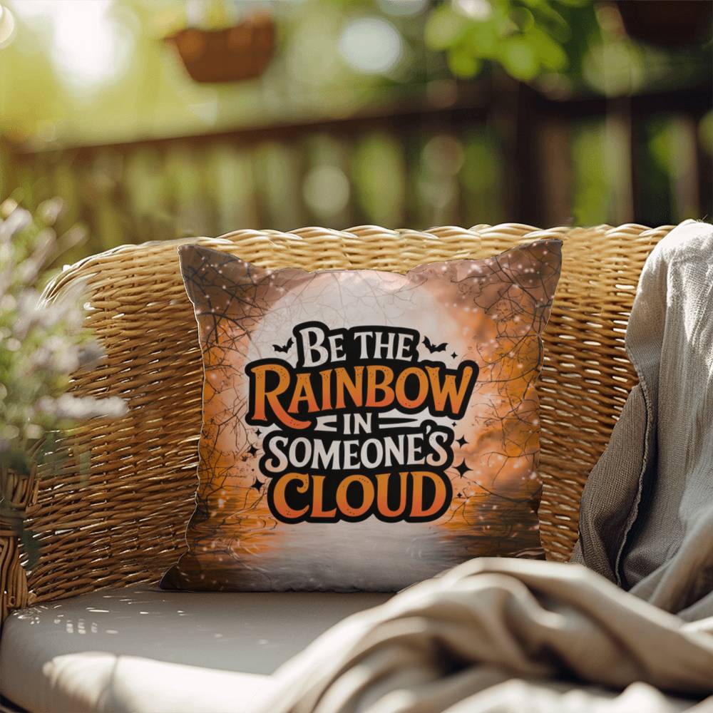 Decorative indoor/outdoor pillow with “Be The Rainbow” affirmation for mental health and cozy fall décor