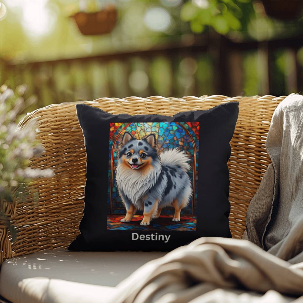 Pomeranian (Blue Merle) Indoor/Outdoor Pillow - Personalized Stained Glass Dog Tribute & Comfort Gift
