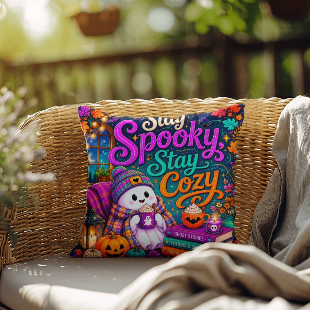 Stay Spooky Stay Cozy quote with ghosts and books on a Halloween throw pillow