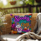 Stay Spooky Stay Cozy quote with ghosts and books on a Halloween throw pillow