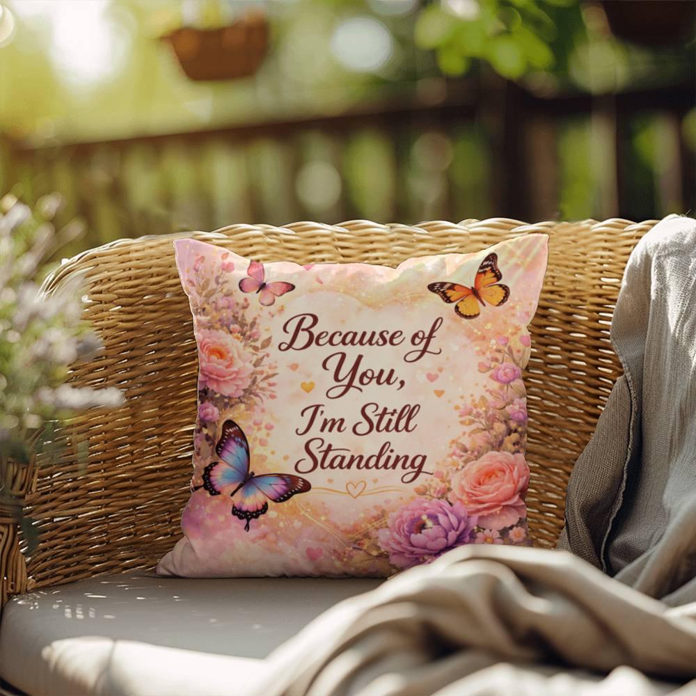 Shop our because of you im still standing throw pillow featuring the 20" x 20" style option from MySisterIsASurvivor.