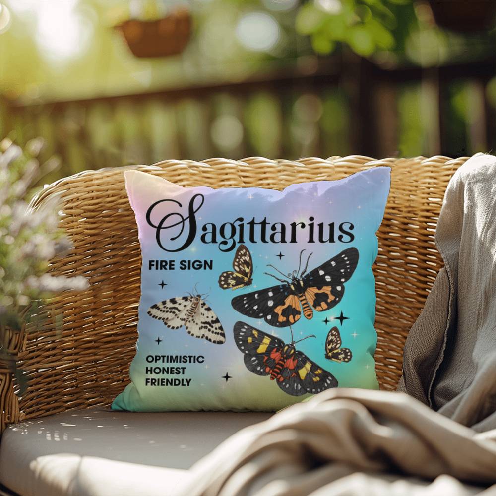Sagittarius Butterfly Indoor/Outdoor Pillow – Zodiac Astrology Decor, Boho Accent for Home & Patio