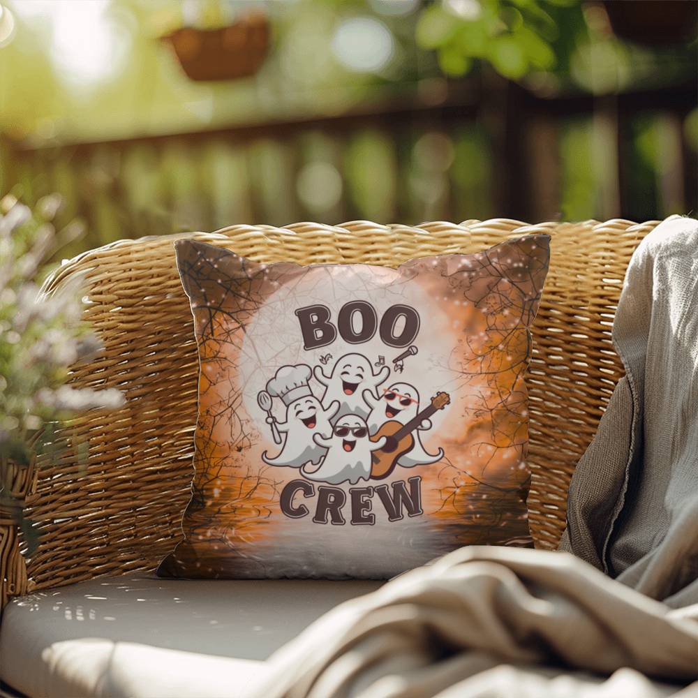 Halloween-themed indoor/outdoor throw pillow with “Boo Crew,” perfect for spooky home décor