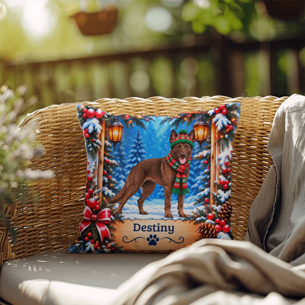 Belgian Malinois (Liver-Chocolate Coat) - Personalized Winter Pillow, Custom Dog Name Gift
