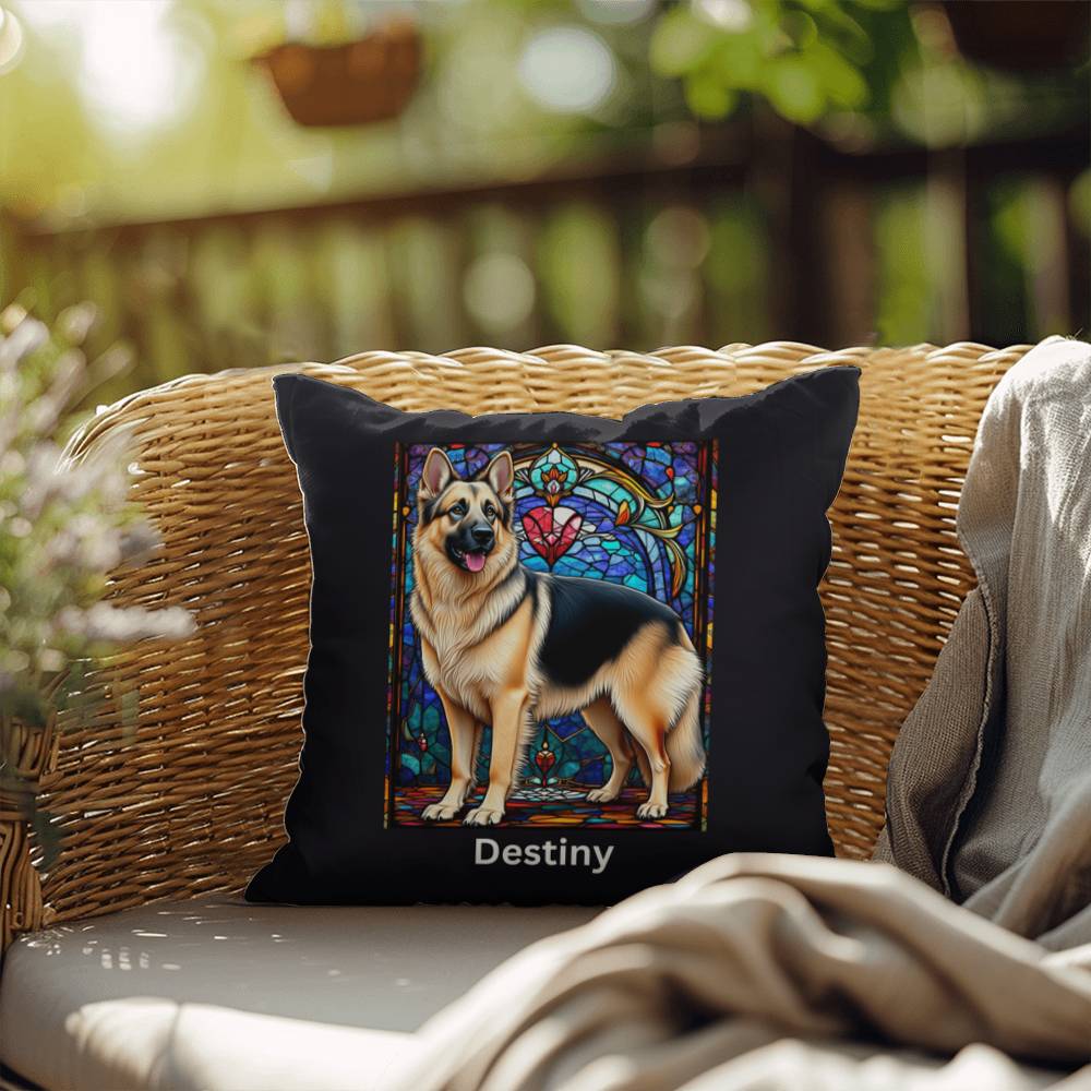 German Shepherd (Black and Cream) Indoor/Outdoor Pillow - Personalized Stained Glass Dog Tribute & Comfort Gift
