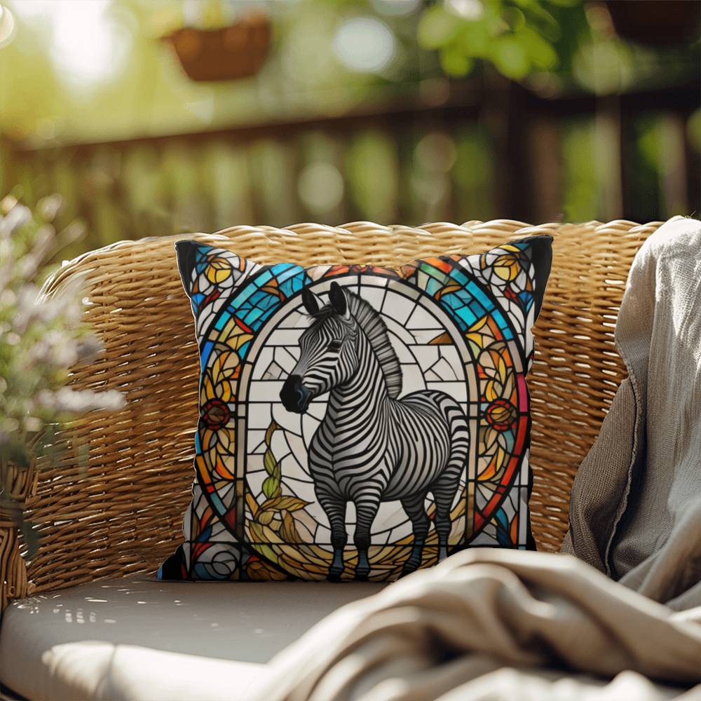 Zebra stained glass throw pillow, safari wildlife home decor, indoor outdoor accent cushion