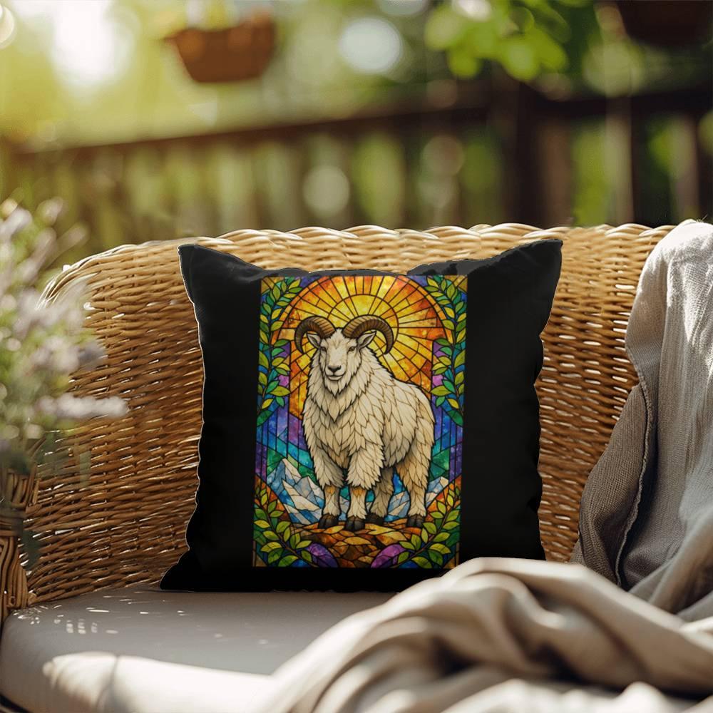 Shop our premium mountain goat stained glass style throw pillow from MySisterIsASurvivor.