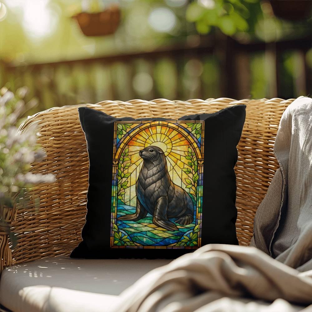 Shop our premium sea lion stained glass style throw pillow from MySisterIsASurvivor.