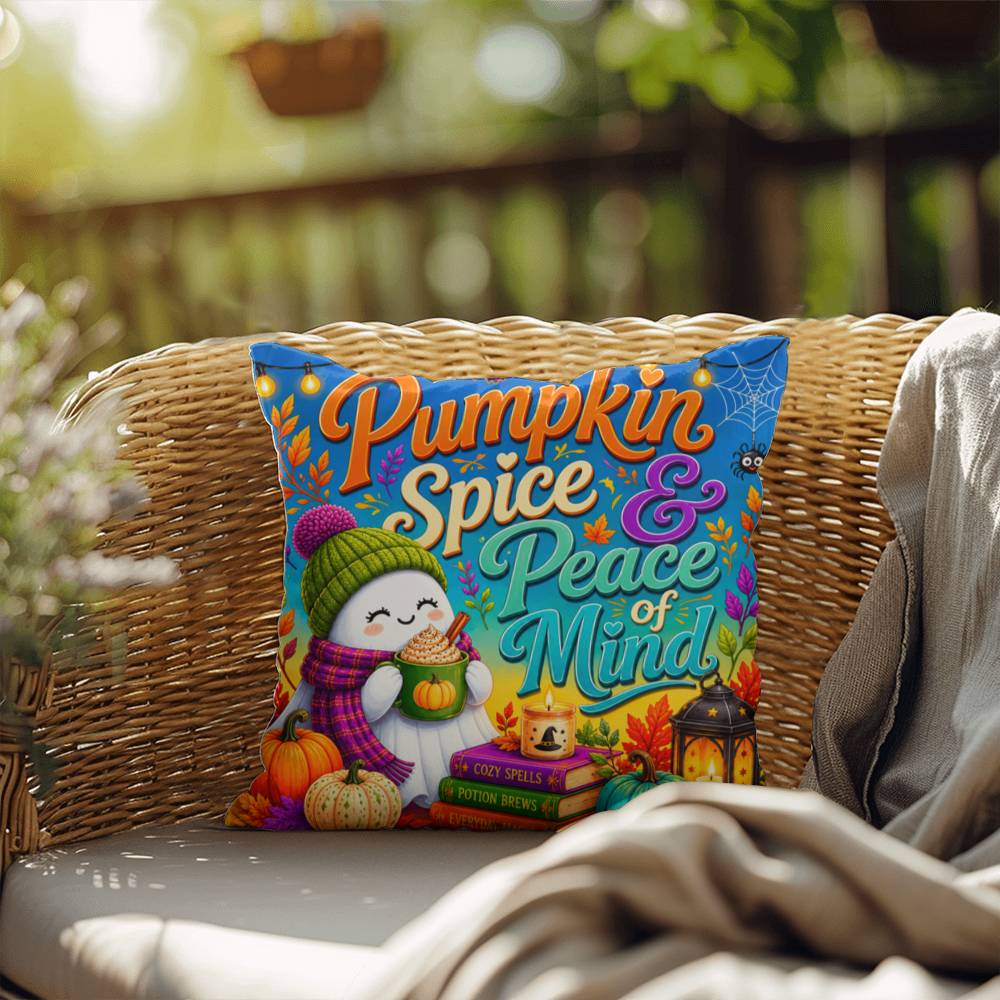 Pumpkin Spice & Peace Of Mind Halloween Throw Pillow - Cozy Ghost Fall Pillow