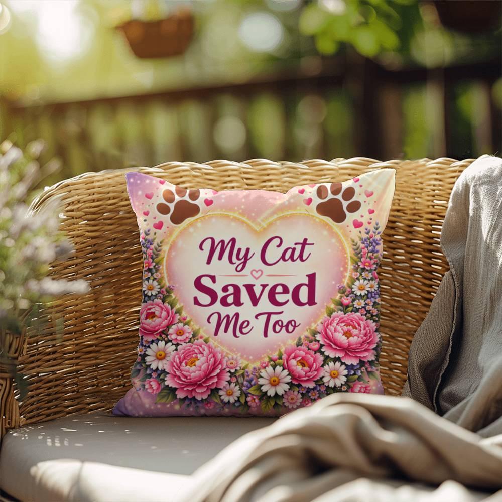 Shop our my cat saved me too throw pillow featuring the 20" x 20" style option from MySisterIsASurvivor.
