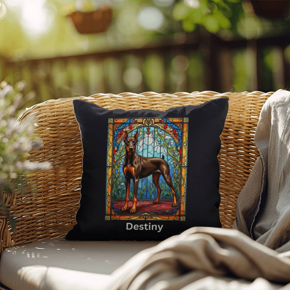 Doberman Pinscher (Brown & Rust) Indoor/Outdoor Pillow - Personalized Stained Glass Dog Tribute & Comfort Gift