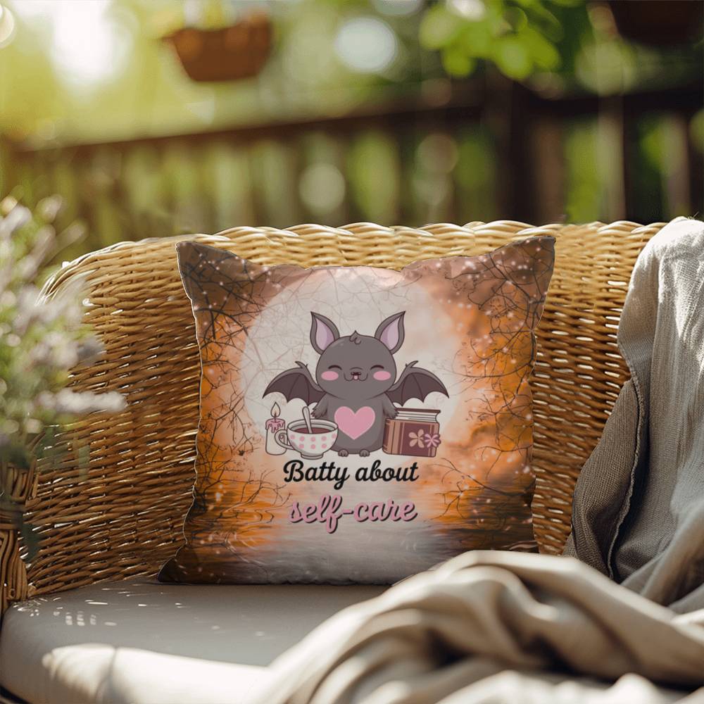Halloween indoor/outdoor throw pillow with bats and “Batty About Self-Care” for mental health encouragement