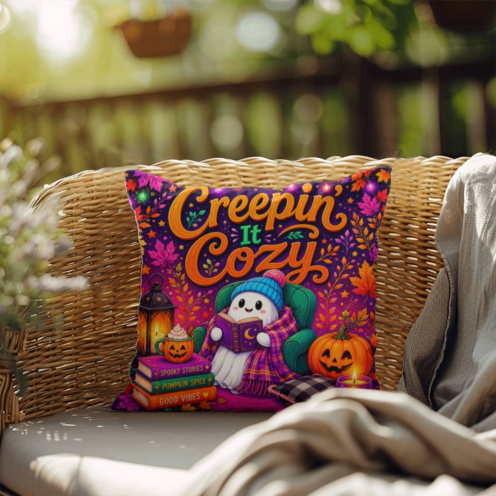 Creepin It Cozy Halloween Throw Pillow - Spooky Stories Pumpkin Spice Good Vibes