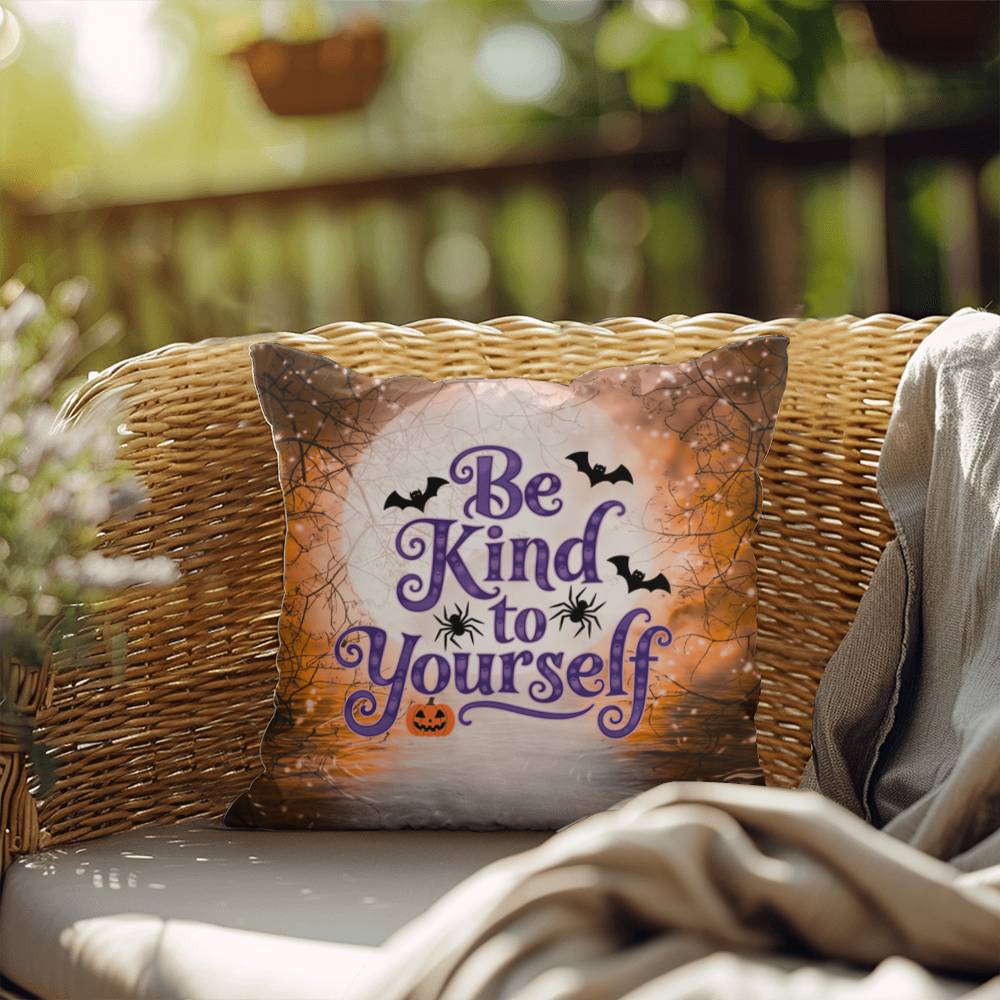 Inspirational Halloween indoor/outdoor pillow featuring “Be Kind To Yourself” for self-care and positivity