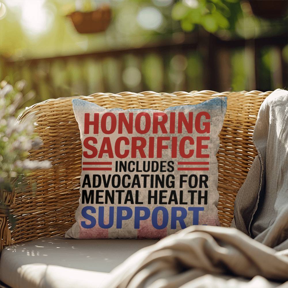 Honoring Sacrifice custom pillow for military tribute, PTSD support, and veteran remembrance on Memorial Day or year-round