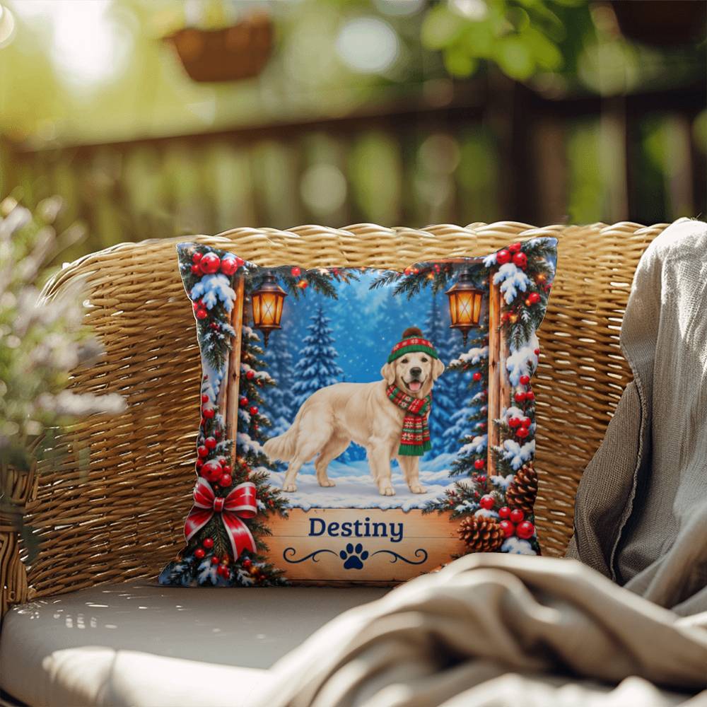 Golden Retriever (English Cream Coat) - Personalized Winter Forest Pillow, Custom Dog Name Gift