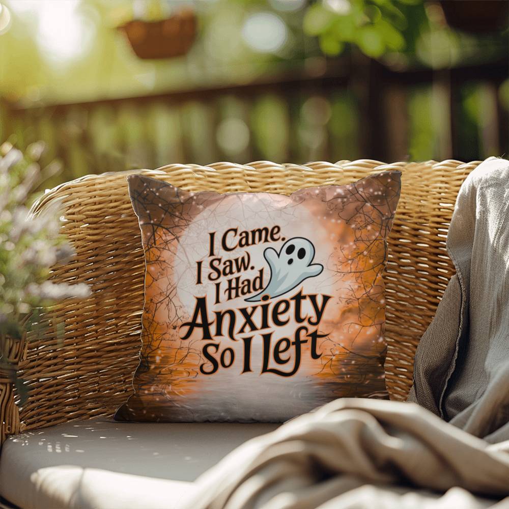 Funny Halloween indoor/outdoor pillow with “I Came. I Saw. I Left.” for seasonal humor