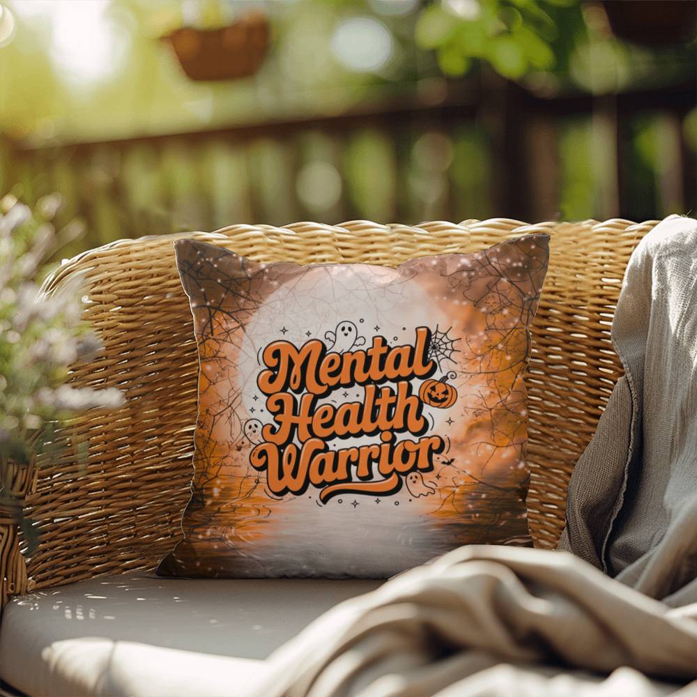 Halloween indoor/outdoor pillow with “Mental Health Warrior” for support and awareness