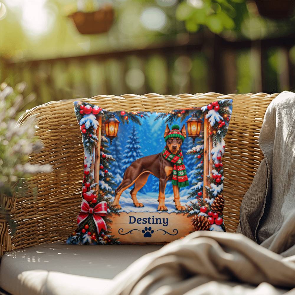Doberman (Red & Rust Coat) - Custom Dog Name Throw Pillow, Personalized Winter Keepsake Gift