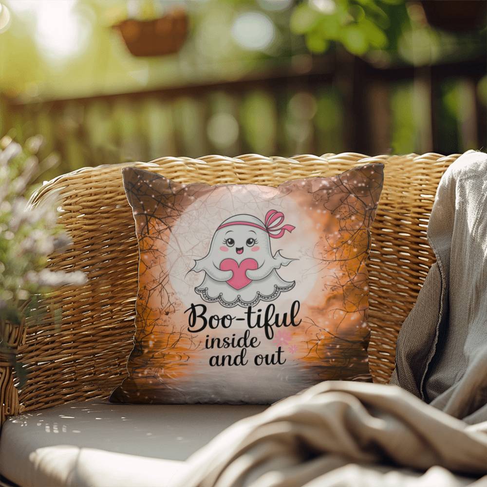 Indoor/outdoor Halloween pillow with “Boo-tiful Inside & Out” promoting positivity and self-love