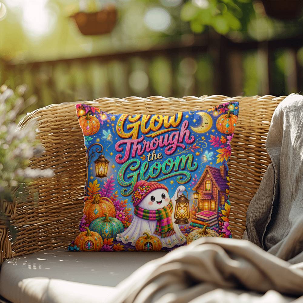 Glow Through The Gloom quote with ghost lantern artwork on an encouraging Halloween throw pillow