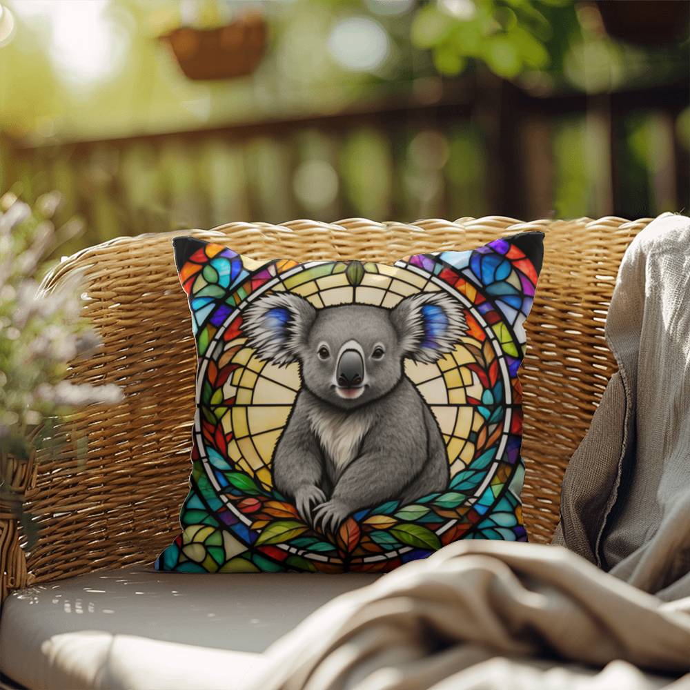 Koala stained glass throw pillow, Australian wildlife decor, indoor outdoor home accent