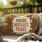Pause. Reflect. Feast. pillow featuring Thanksgiving gratitude quote and cozy autumn home décor