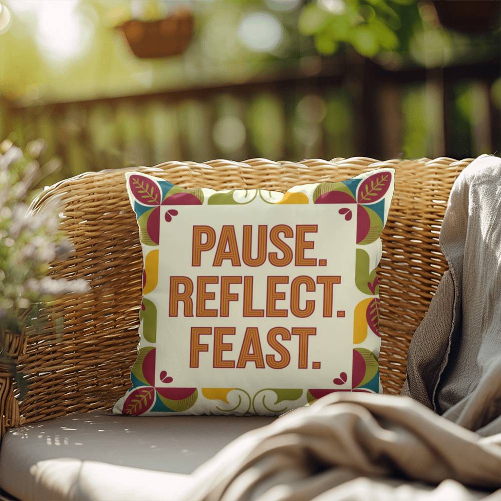 Pause. Reflect. Feast. pillow featuring Thanksgiving gratitude quote and cozy autumn home décor